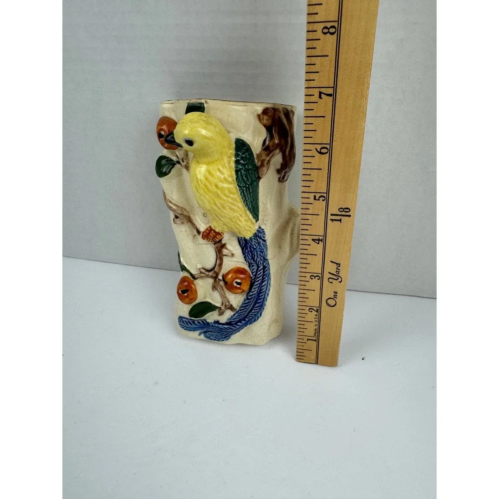 Vintage Ceramic Bird Wall Pocket Vase Yellow Bird Tree Branch Mid Century FLAW